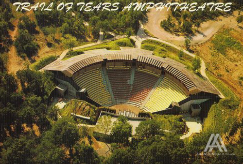 Aerial view of the Trail of Tears Amphitheatre, showcasing its circular seating and surrounding greenery.