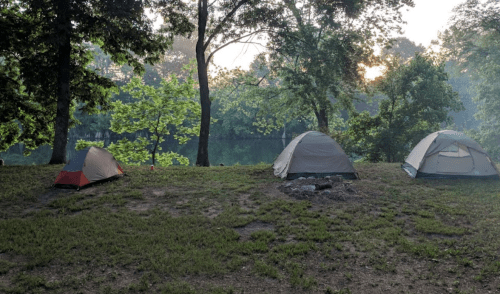 Three tents set up by a calm river, surrounded by trees and greenery in the early morning light.