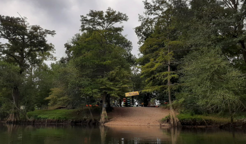 A serene riverbank with lush green trees and a sandy area, featuring a sign hanging between two trees.