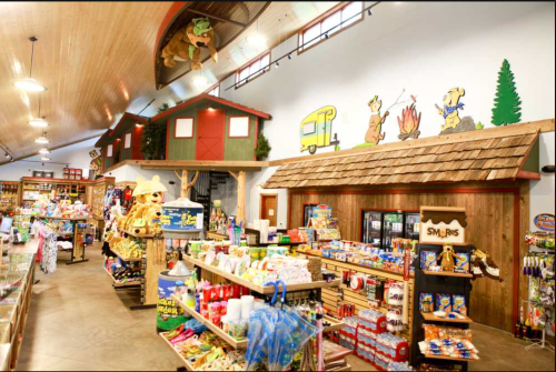 A colorful store interior with wooden displays, camping-themed decor, and various merchandise on shelves.