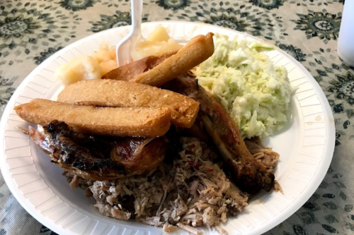 A plate of food featuring grilled chicken, fried plantains, shredded cabbage, and diced fruit on a paper plate.