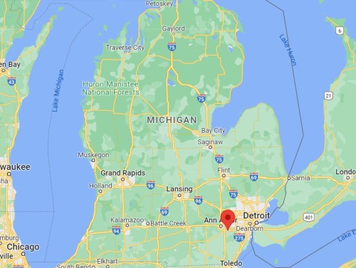 Map of Michigan highlighting major cities, with a red marker indicating the location of Ann Arbor.