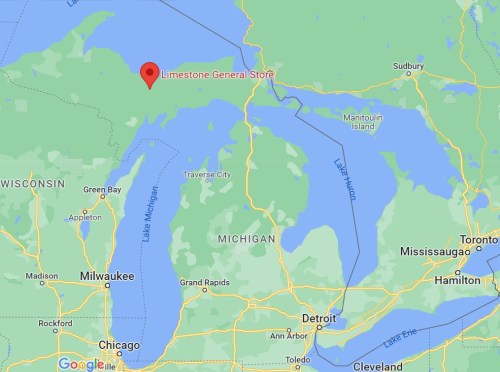 Map showing the location of Limestone General Store in Michigan, near Lake Huron and surrounded by water.