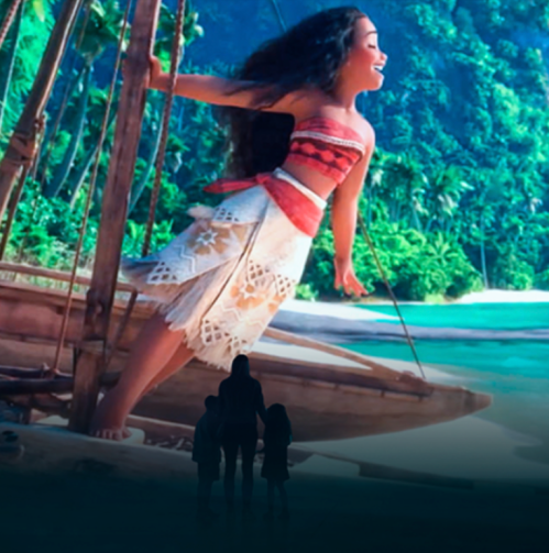 Moana stands on a boat, smiling, with lush tropical scenery in the background and silhouettes of three people watching.