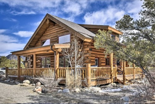 A rustic log cabin with a large porch, surrounded by trees and rocky terrain under a blue sky with clouds.