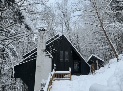 A black cabin surrounded by snow-covered trees, with a snowy path leading to the entrance.