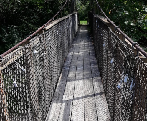 A wooden suspension bridge with a chain-link fence, surrounded by greenery and sunlight filtering through the trees.