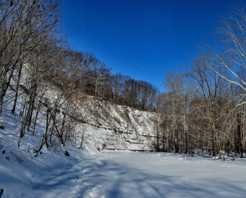 Snow-covered landscape with a frozen lake and bare trees under a clear blue sky.