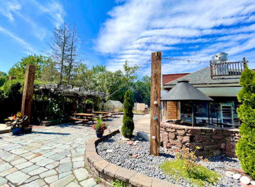 A sunny outdoor patio with stone pathways, greenery, and a rustic building under a blue sky with clouds.
