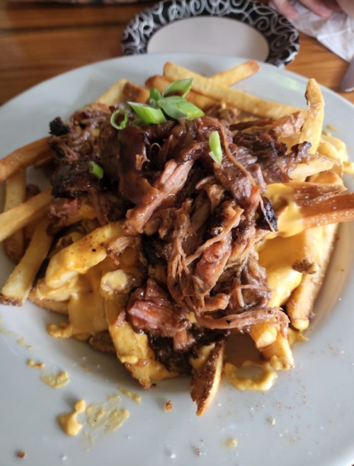 A plate of loaded fries topped with pulled pork, cheese sauce, and green onions.