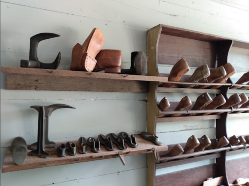 Shelves displaying various shoe-making tools and wooden shoe forms in a workshop setting.