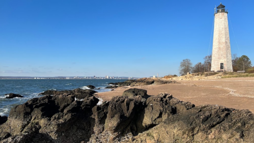 A tall lighthouse stands on a rocky shore, with calm blue waters and a clear sky in the background.