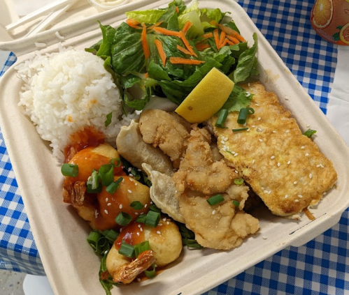 A takeout container with rice, salad, fried fish, shrimp, and dumplings, garnished with green onions and a lemon wedge.