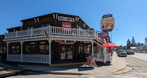 A charming candy store with a wooden exterior, colorful signage, and a sunny street view.