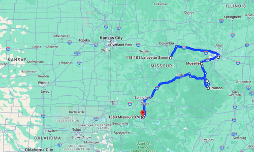 Map showing a route through Missouri, highlighting key locations and highways in the region.