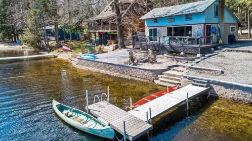 A serene lakeside view featuring a dock, kayaks, and a cozy blue house surrounded by trees.