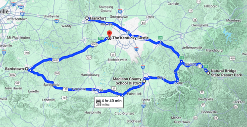 Map showing a 255-mile route through Kentucky, including Bardstown, Frankfort, and Natural Bridge State Resort Park.