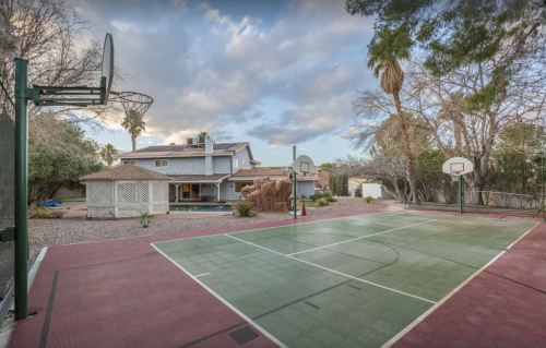 Outdoor basketball court with two hoops, surrounded by trees and a house in the background under a cloudy sky.