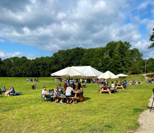 A grassy field with people sitting at picnic tables under large tents, enjoying a sunny day with scattered clouds.