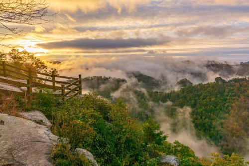 A scenic view of a sunrise over misty mountains, with lush greenery and a wooden fence in the foreground.