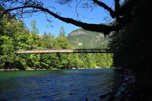 A wooden suspension bridge spans a river, surrounded by lush green trees and mountains under a clear blue sky.