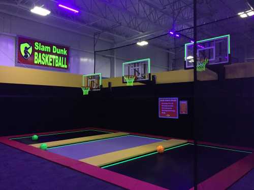 Indoor basketball court with neon lights, multiple hoops, and colorful balls on a vibrant floor.