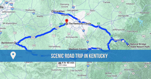 Map showing a scenic road trip route in Kentucky, highlighting Bardstown, Frankfort, and The Kentucky Castle.