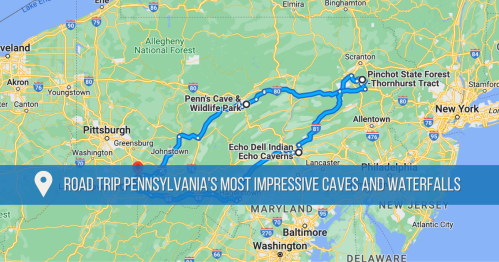 Map highlighting a road trip route through Pennsylvania's caves and waterfalls, including key locations and attractions.