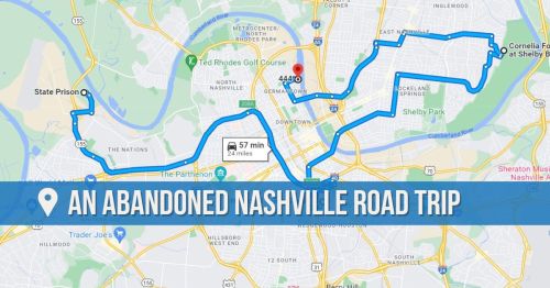 Map showing a route for an abandoned Nashville road trip, highlighting key locations and travel time.