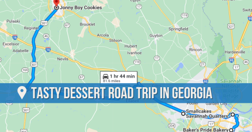 Map showing a dessert road trip route in Georgia, highlighting stops at Jonny Boy Cookies and Smallcakes.