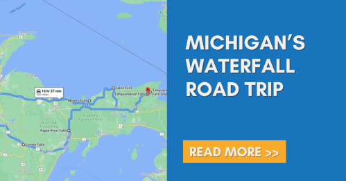 Map showing a route for Michigan's Waterfall Road Trip, highlighting various waterfalls to visit.
