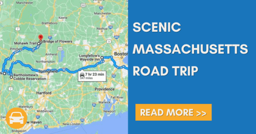 Map highlighting a scenic road trip route in Massachusetts, featuring the Mohawk Trail and Bridge of Flowers.