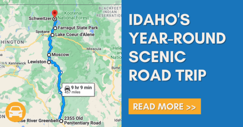 Map highlighting a scenic road trip in Idaho, featuring key locations and a route from Schweitzer to Lake Coeur d'Alene.