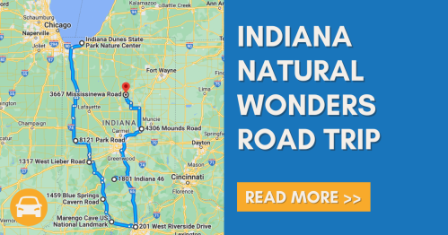 Map highlighting the Indiana Natural Wonders Road Trip route with key locations and a call to action to read more.
