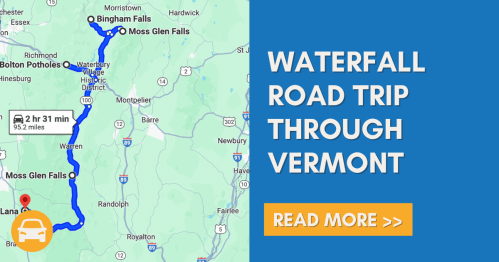 Map showing a route for a waterfall road trip in Vermont, highlighting Bingham Falls and Moss Glen Falls.