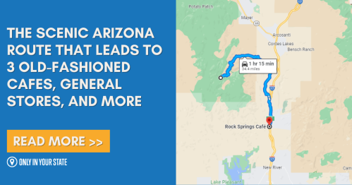 Map highlighting a scenic route in Arizona leading to cafes and general stores, with travel time and distance noted.