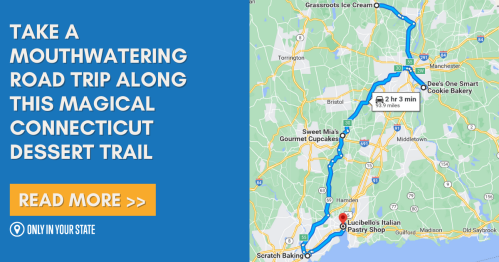 Map highlighting the Connecticut Dessert Trail with text promoting a road trip for sweet treats.