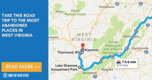 Map highlighting a road trip route to abandoned places in West Virginia, with key locations marked along the way.