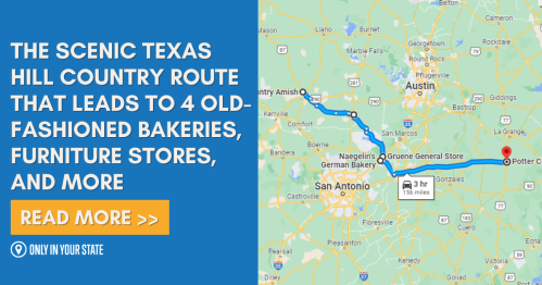 Map highlighting a scenic Texas Hill Country route to old-fashioned bakeries and stores near Austin and San Antonio.
