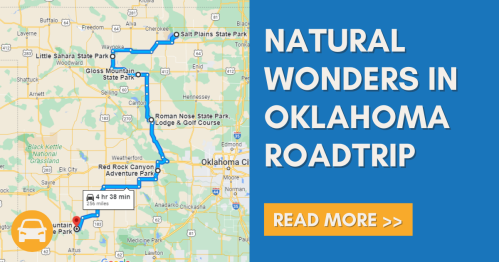 Map highlighting a road trip route through natural wonders in Oklahoma, with travel time and key locations marked.