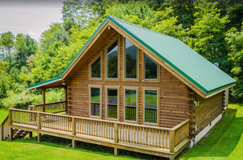 A wooden cabin with a green metal roof, large windows, and a deck, surrounded by lush greenery.