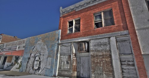 Looking up at an abandoned storefront in Shoshoni, Wyoming.