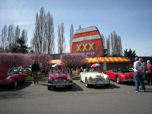 Classic cars parked in front of a retro diner with cherry blossoms and a large "XXX Root Beer" sign.