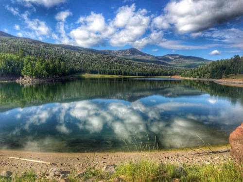 A serene lake reflecting clouds and mountains, surrounded by lush greenery under a bright blue sky.