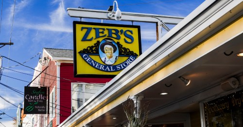 Yellow sign reads ZEB'S GENERAL STORE in NH.
