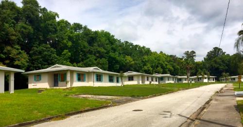 Abandoned row of single-story houses along a quiet street, surrounded by lush green trees and overgrown grass.