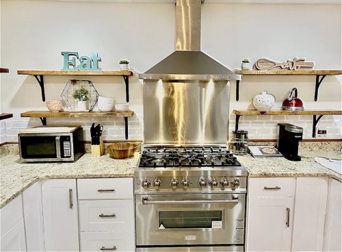 Modern kitchen with stainless steel appliances, granite countertops, and decorative shelves displaying plants and kitchenware.