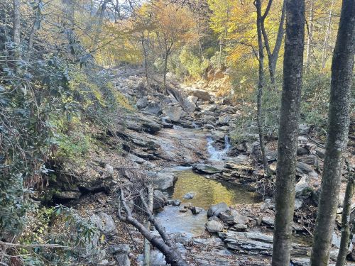A serene stream flows through rocky terrain, surrounded by trees with autumn foliage.