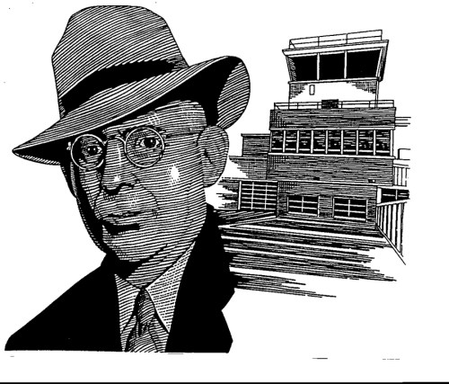 Black and white illustration of a man in a hat with glasses, next to a building resembling a control tower.