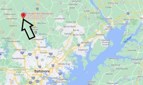 Map showing the location of Friendly Farm Restaurant north of Baltimore, Maryland, with nearby towns and landmarks.